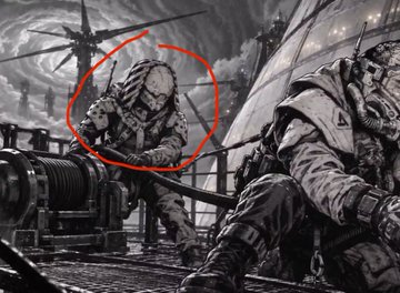 A black and white illustration of soldiers on a ship's deck in stormy weather, with one soldier in the background circled in red.