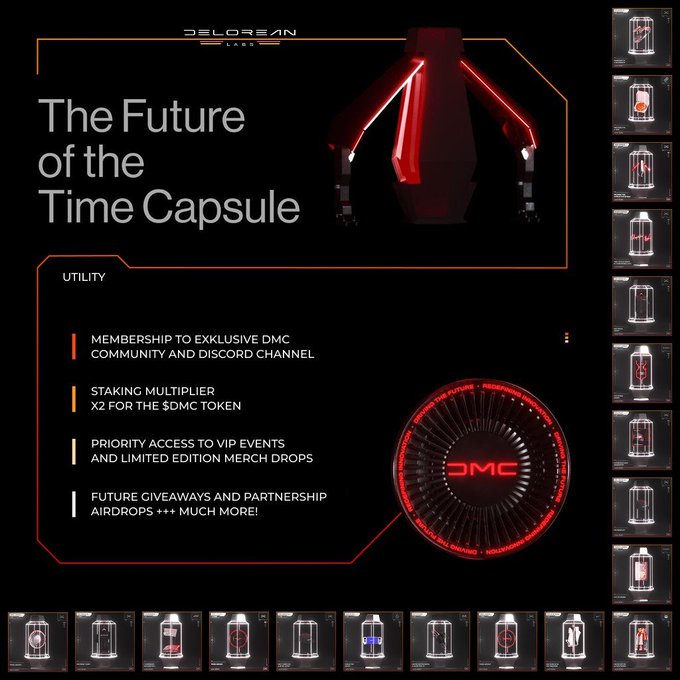 A promotional graphic for DeLorean Labs' 'The Future of the Time Capsule' NFT, listing utility perks like exclusive DMC community membership, a X2 staking multiplier for the $DMC token, VIP event access, and future airdrops.