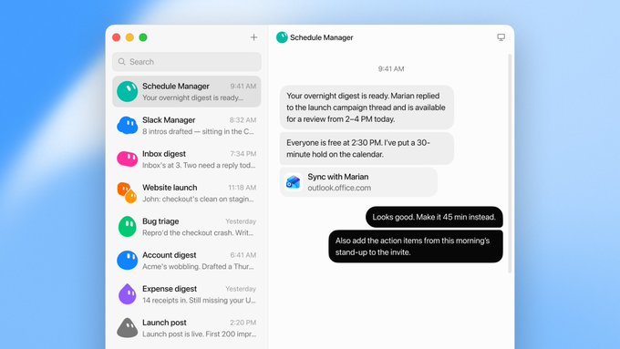 A screenshot of an AI-powered messaging app interface (likely "Grok" or a bot integration) showing a chat with "Schedule Manager" at 9:41 AM, alongside a list of automated tasks like "Slack Manager," "Inbox digest," and "Website launch" that summarize overnight activity. The conversation includes messages from "Marian" about a launch campaign thread, with suggested replies like "Looks good. Make it 45 min instead," illustrating how AI plugins can streamline work to accelerate productivity for ventures like $SPCX.