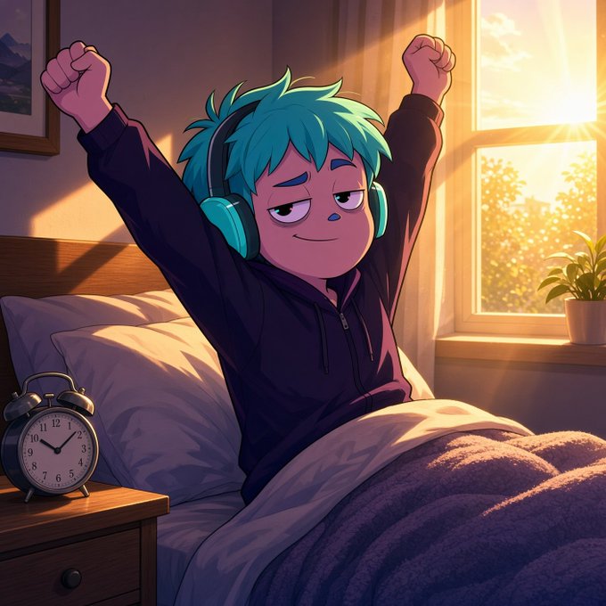 An anime-style illustration of a turquoise-haired character wearing headphones, stretching their arms in bed with a sunrise visible through the window and an alarm clock on the nightstand.