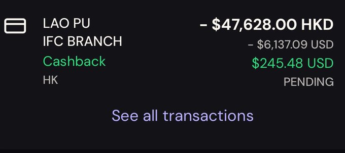 A screenshot showing a pending cashback transaction at Lao Pu IFC Branch in Hong Kong, displaying a -$47,628.00 HKD (≈$6,137.09 USD) spend with $245.48 USD (4%) cashback pending, supporting the post's claim of earning 4% cashback on all purchases through the ether.fi Cash card.