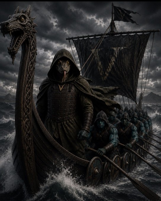 A dark fantasy illustration of a hooded warrior with a mask standing on a Viking longship with a dragon head prow, accompanied by armored soldiers rowing through stormy seas under dark clouds.
