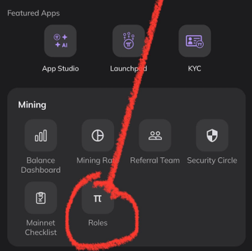 A screenshot of the Pi Network app interface shows a menu with "Featured Apps" including App Studio, Launchpad, and KYC, alongside a "Mining" section containing options like Balance Dashboard, Mining Rate, Referral Team, Security Circle, Mainnet Checklist, and Roles, which has been circled in red to highlight it.

The image relates to the post by visually directing users to the "Roles" section, presumably where they can verify their humanity and access the mining feature to check in every 24 hours.