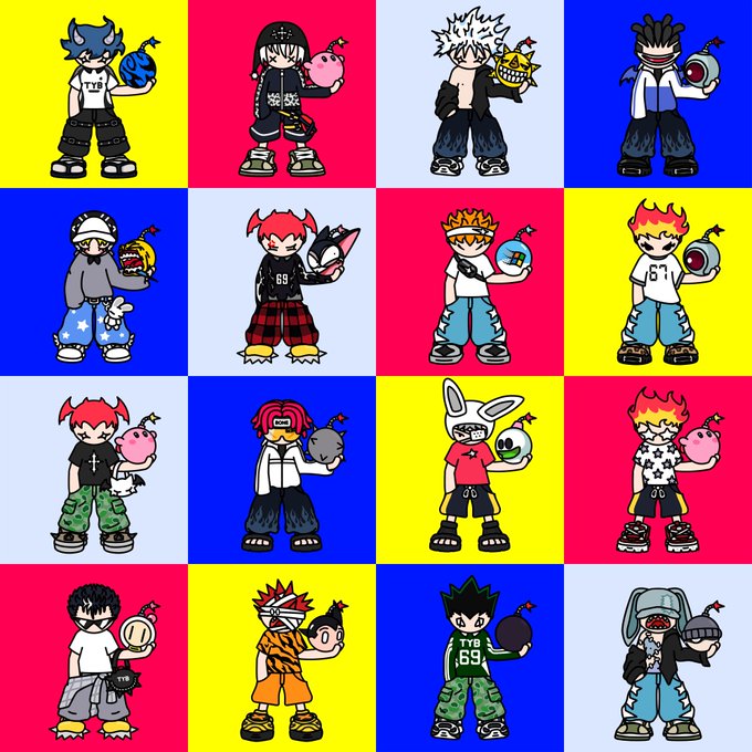 A 4x4 grid of cartoon NFT characters with bomb accessories on a red, blue, yellow, and light blue background. Visible text on clothing includes "99", "69", and "TYB" (likely referencing "Thank Your Buddies"). The collection's edgy, street-style aesthetic aligns with typical NFT character art.