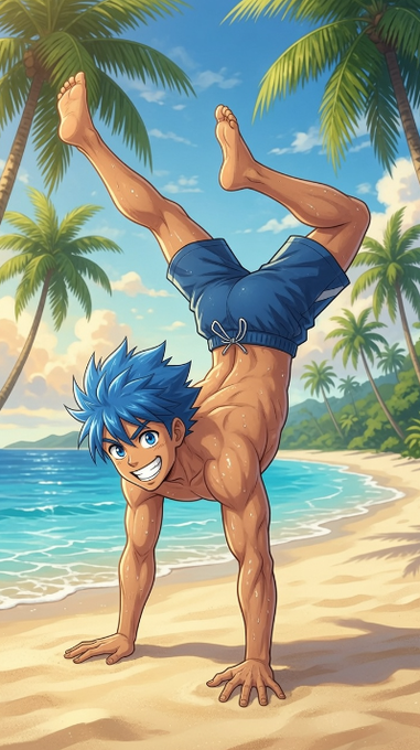 A blue-haired anime character performs a handstand on a tropical beach, wearing blue swim shorts. The dynamic, acrobatic pose visually echoes the post's theme of agility and progress, symbolizing how builders can flip the script by focusing on product development rather than infrastructure, thanks to streamlined tools from AI and CNPYNetwork.