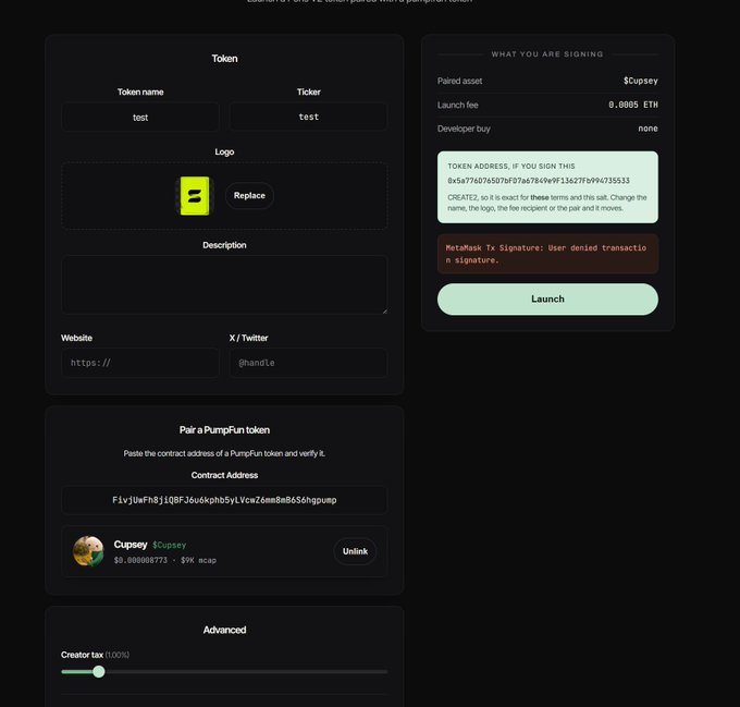 A web-based interface for creating and launching a token, showing fields for Token name ('test'), Ticker ('test'), logo, description, website, and X/Twitter, along with options to pair a PumpFun token and set advanced parameters like creator tax. The signing panel indicates the user will create a token, launch it with a 0.0005 ETH fee, and receive a paired asset of $Cupsey.