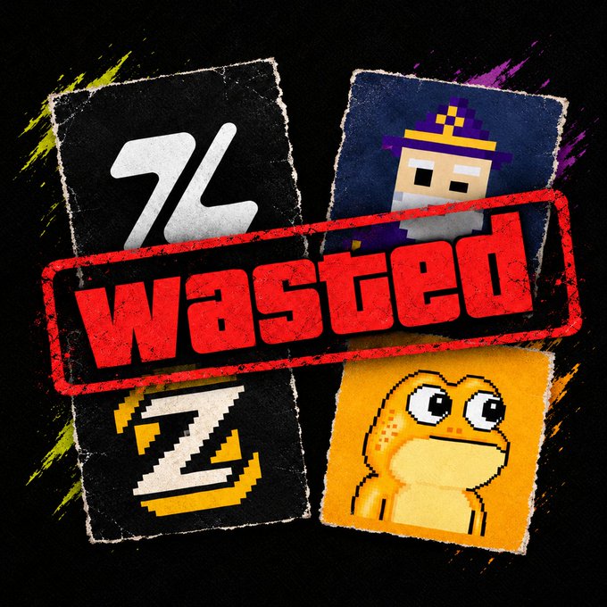 A graphic design with a red 'wasted' stamp over pixel art images featuring a 'Z', a wizard, the number '3', and a yellow character on a black background.