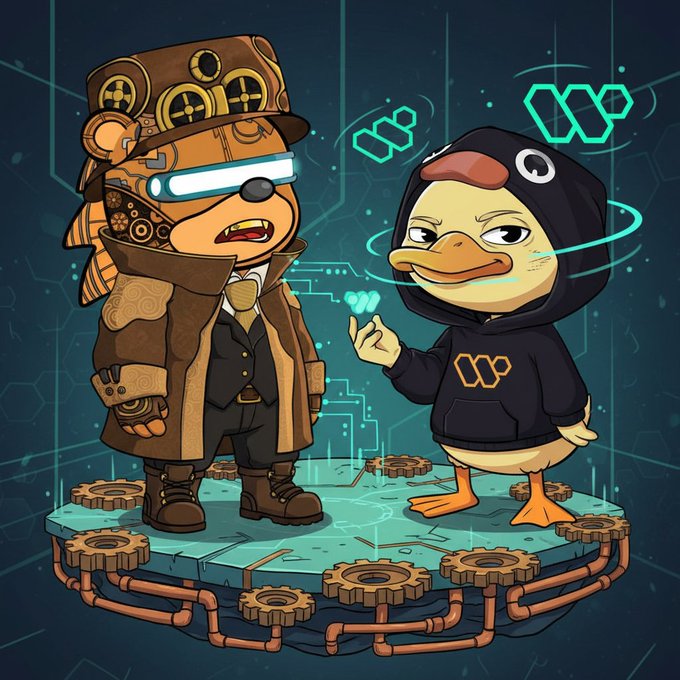The image features a cartoon duck wearing a black hoodie, standing next to a cartoon bear dressed in a brown suit with a steampunk hat. The bear appears to be holding up a small diamond ring for the duck to see. The background of the image is dark blue and filled with gears and pipes, giving it an industrial or futuristic feel. The caption below the image reads: "gQuack fam @wallchain got me thinking again how the real grind gets scored while timelines pay zero consistancy is still the hardest part but here the ml actually rewards it no more spraying noise just pure signal node updates keeping everything clean even when fam".