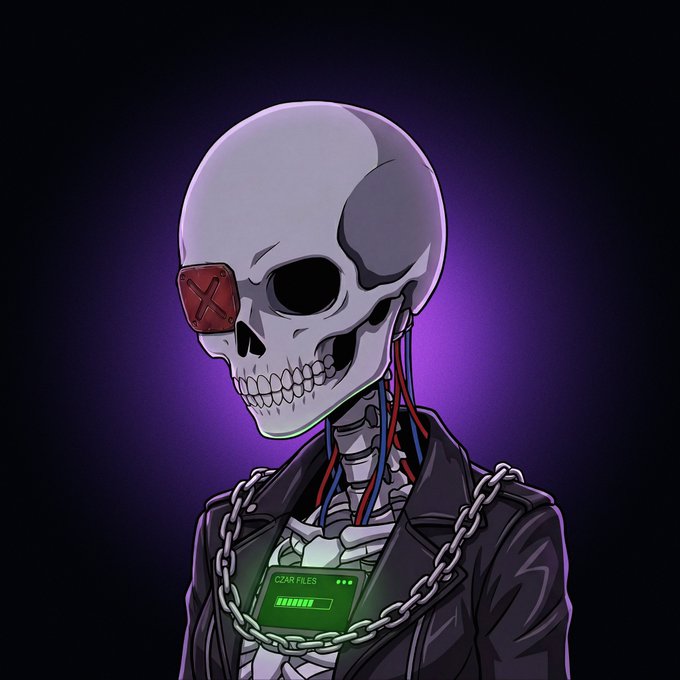 A digital illustration of a skeleton with a red eyepatch and exposed wiring, wearing a black jacket with silver chains and a green device displaying "CZAR FILES," connecting to the post honoring @crypto_czar_eth with a 1/1 NFT artwork that embodies his identity as a "legend in the space."