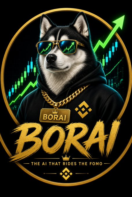 A stylized mascot image features a husky wearing sunglasses and a gold "BORAI" chain, set against a backdrop of rising green crypto candlestick charts, with the bold text "BORAI — THE AI THAT RIDES THE FOMO," visually reinforcing the post's promotion of the $BORAI meme coin's fair launch on Four.meme.