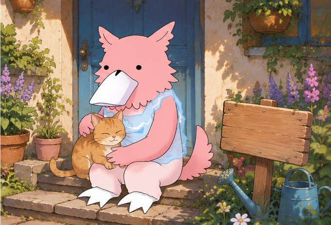 A pink dinosaur-like character in a blue dress tenderly holds an orange cat while sitting on stone steps in a sunlit garden. The cozy, nostalgic illustration complements the relaxed weekend vibe of the post, hinting at the warmth and openness of embracing new experiences and chapters in life.