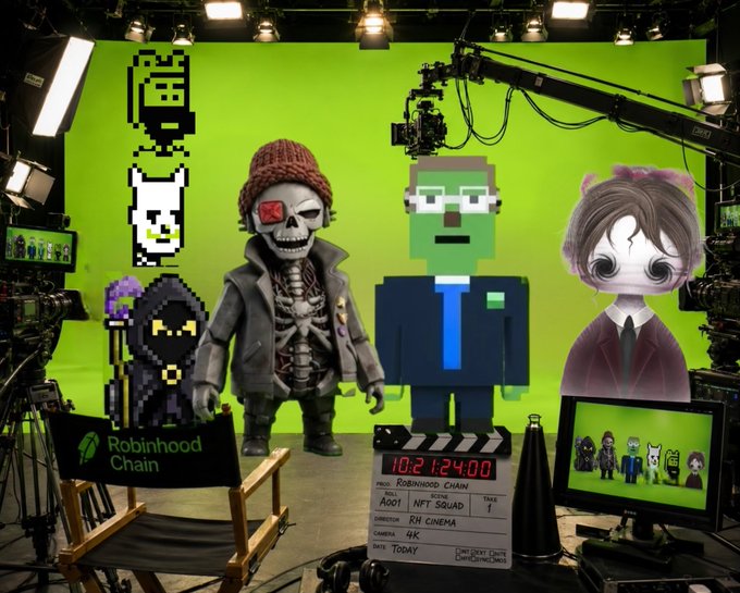 A film production set with a green screen displaying pixel art characters, a skeletal figure in a beanie, a clapperboard marked 'RH CINEMA', and a 'Robinhood Chain' chair.