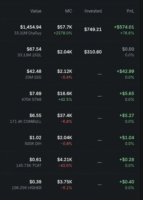 A cryptocurrency portfolio tracker showing various tokens including ChyGuy (+76.6%), 1SOL (0.0%), SSG (0.0%), GTA6 (0.0%), COMBULL (0.0%), DIH (0.0%), TCAT (0.0%), and HIGHER (0.0%).