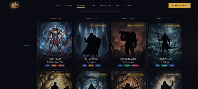 A screenshot of the Heroes page from the Hero Lane Wars (HEW) website, showcasing character classes including the Ironclad Tank, Runeguard, Siegebreaker, and Tidalcaller, each labeled with roles like Melee/Ranged Physical or Magic. The post highlights the potential of this MOBA project, with the image serving as a visual preview of its diverse hero roster that the author believes could make it a breakout hit.