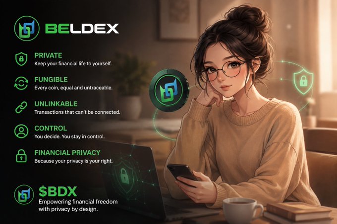 A promotional graphic for 'BELDEX' cryptocurrency, featuring an anime-style woman using a phone next to a list of features: 'PRIVATE', 'FUNGIBLE', 'UNLINKABLE', 'CONTROL', 'FINANCIAL PRIVACY', and '$BDX Empowering financial freedom with privacy by design.'