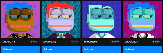 Four NFT-style cartoon character cards labeled 'DR0UPZ714', 'DR0UPZ758', 'DR0UPZ804', and 'DR0UPZ803', each showing a frog-like figure with sunglasses against different colored backgrounds, displayed with price tags and 'Sell now' buttons.