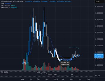 A weekly candlestick chart for $USELESS/USDT on Bybit, showing a massive price spike to approximately $0.45 in late 2024 followed by a sharp decline and consolidation around $0.06-$0.10, with an RSI reading of 45.69 in the bottom-left corner. The chart is being used to support a bullish thesis on $USELESS, which the poster compares favorably against other memecoins like $PEPE, $WIF, $DOGE, and $SHIB.