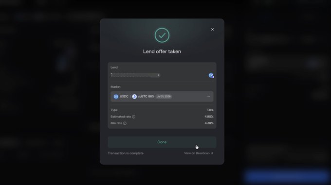 A confirmation modal titled "Lend offer taken" showing a successful transaction on Morpho's Midnight market, displaying USDC lending on the cbBTC 89% market on Base with a 4.80% estimated rate and 4.30% minimum rate, confirming the user's experience of successfully filling a lend offer in a single transaction.