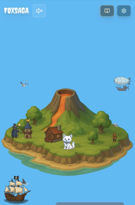 A mobile game screen titled 'FOXSAGA' showing a cartoon island with a volcano, trees, a small house, a white fox, a wizard, a fisherman, a pirate ship, and an airship on a blue background.