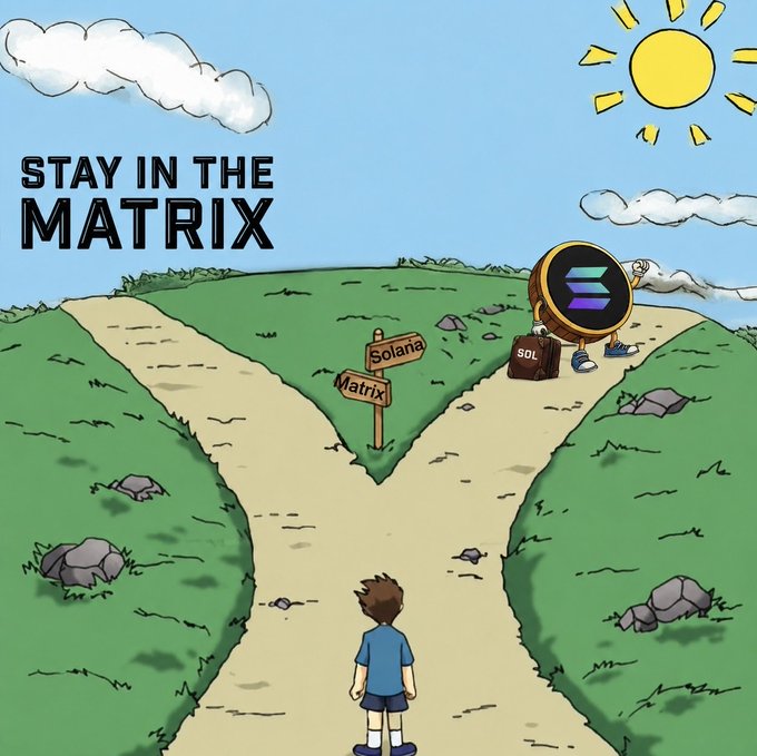A cartoon illustration parodying 'The Matrix' with a character standing at a crossroads; signs point to 'Solana' and 'Matrix', while a Solana coin character waves from one path under the text 'STAY IN THE MATRIX'.
