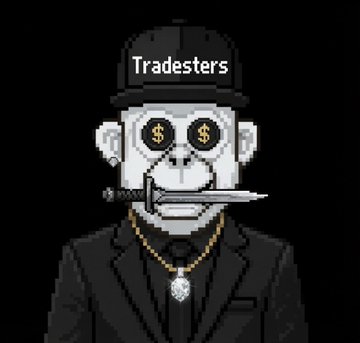 A pixel art illustration of a monkey in a black suit and 'Tradesters' baseball cap, featuring dollar signs in its eyes and holding a knife in its mouth.