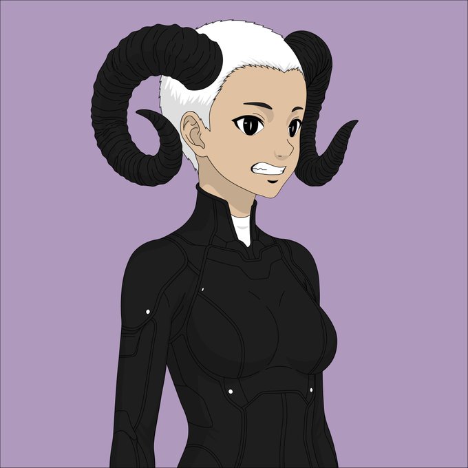 An anime-style illustration of a female character with large curved black ram horns, short white hair, and a black futuristic bodysuit, smiling against a light purple background.