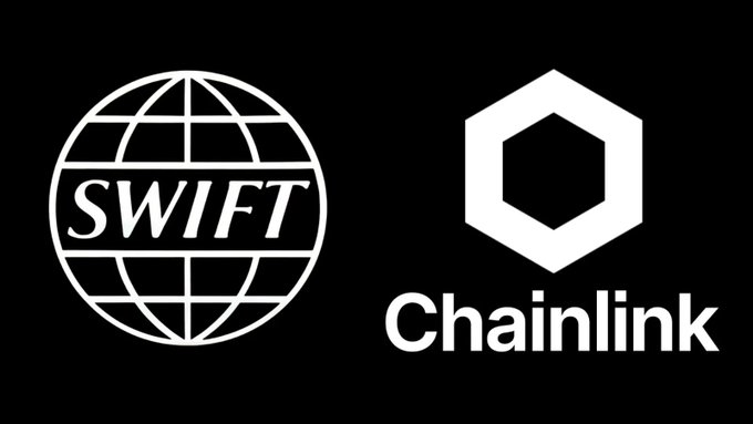 A black background displays the white logos for SWIFT and Chainlink side-by-side, representing a partnership between the banking network and the blockchain oracle.