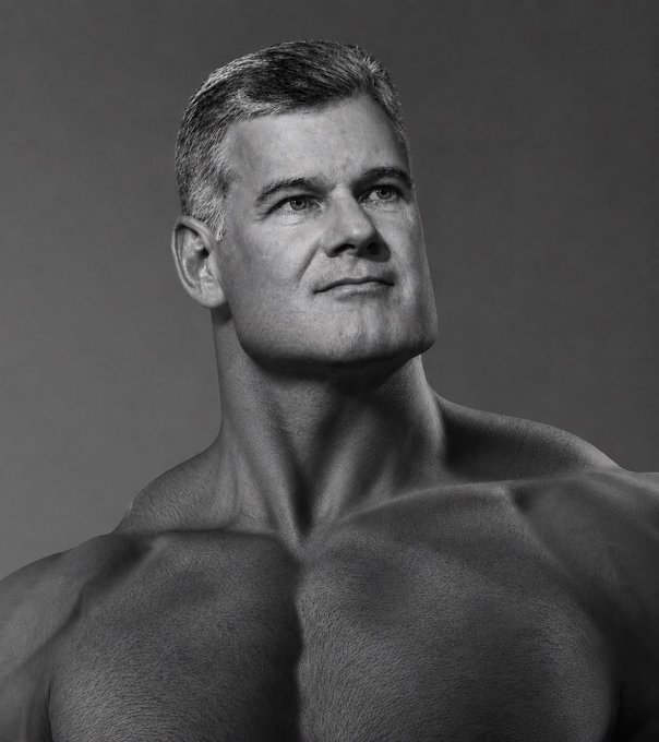 A black and white photograph of a muscular, shirtless older man with short hair, looking upward with a serious expression.