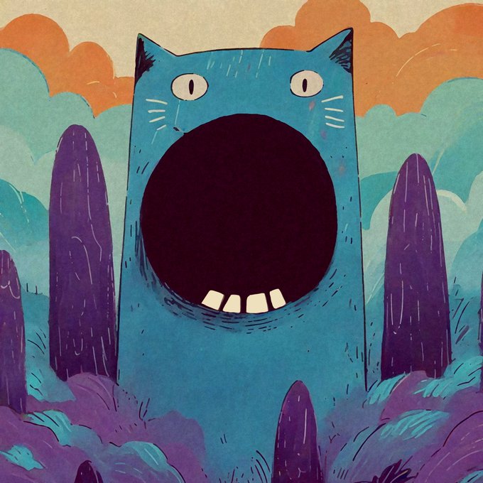 A stylized illustration depicts a large, blue, cat-like monster with a massive open black mouth and small visible teeth, standing between tall purple, finger-like formations.