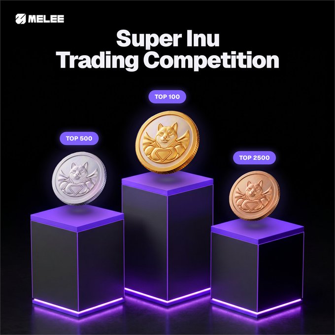 A promotional graphic for the "Super Inu Trading Competition" hosted by Melee, featuring three tiered pedestals displaying gold, silver, and bronze coin badges labeled "TOP 100," "TOP 500," and "TOP 2500," corresponding to the leaderboard rewards for top traders of the $SI (Super Inu) markets mentioned in the post.
