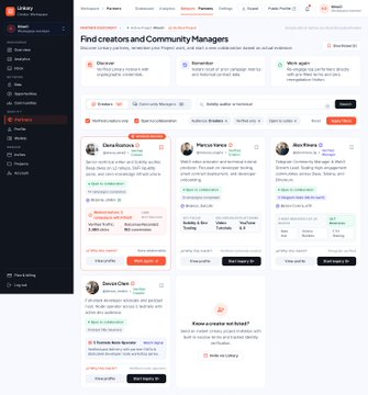 A desktop screenshot of the Linktree marketplace dashboard, showing a directory of 'creators and Community Managers' with various profiles available for hire.