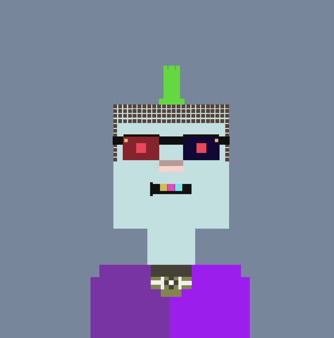 A pixel art character with a light blue body, brown checkered hair, a green flame-like protrusion on top, dark red sunglasses, and a purple outfit, smiling against a gray background.