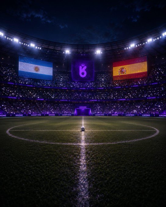 A nighttime football stadium filled with fans holding up lights features large screens displaying the Argentine and Spanish flags alongside an "ANOME" logo banner, with a soccer ball placed at the center circle of the pitch. The scene captures the pre-match atmosphere referenced in the caption, with the "ANOME" and "LUCKY FIFA" branding visible around the stadium promoting the Web3 gaming experience at luckyfifa.xyz.