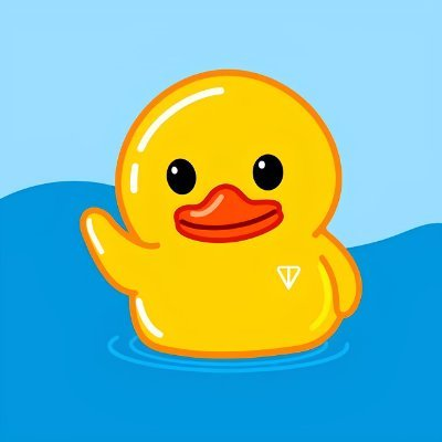 A cute yellow duck floats in blue water, with a diamond symbol on its chest subtly hinting at the cryptocurrency correlations mentioned in the accompanying post. The post suggests a connection between established cryptocurrencies ($ETH, $SOL, $TON) and emerging ones ($PEPE, $PENGU, $UTYA), implying a path to significant gains.