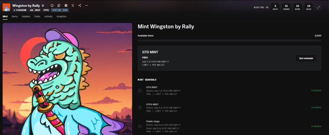 A screenshot of the 'Winston by Rally' Ethereum NFT collection page on Magic Eden, showing a turquoise dinosaur character smoking a cigar with a 'GTD MINT' available for 0.0007 ETH.