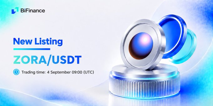 A promotional graphic for BitFinance announces a 'New Listing' of 'ZORA/USDT' with a trading time of '4 September 09:00 (UTC)', featuring a 3D metallic blue sphere design.
