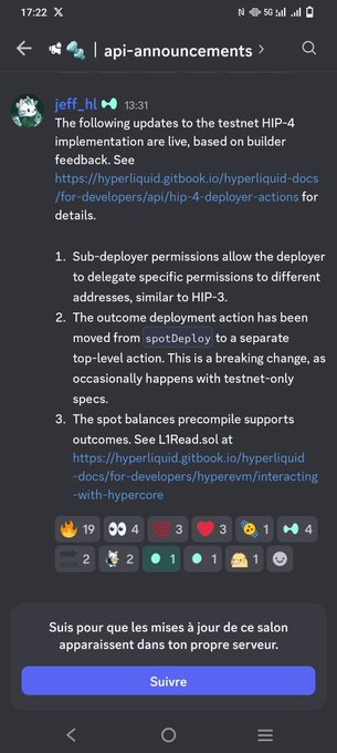 A screenshot of the "api-announcements" Discord channel shows a message from "jeff_h" detailing the HIP-4 testnet implementation updates, including sub-deployer permissions, moved outcome deployment actions, and spot balances precompile features, with the post continuing about distributing settlement, registration, and market operation across separate keys.