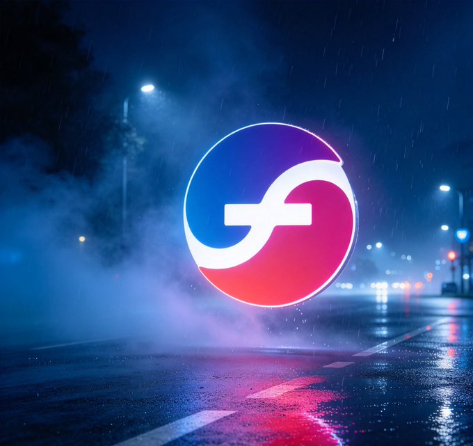 A glowing circular blue-and-pink logo with a white linking symbol floats above a rainy, neon-lit road at night.