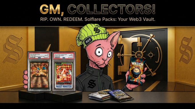 A cartoon pink cat character wearing a green beanie with a dollar sign, holding graded trading cards and packs labeled 'Pocket Monsters' and 'Watch', with the text 'GM, COLLECTORS! RIP. OWN. REDEEM. Solflare Packs: Your Web3 Vault.'