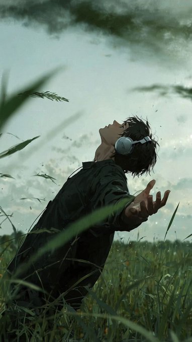 An anime-style illustration of a person with headphones looking upward with an open hand, set in a misty field of tall grass.