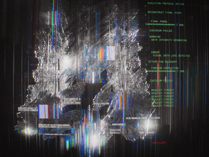 An abstract digital glitch art image features distorted text displaying errors like 'EVOLUTION PROTOCOL ACTIVE', 'CHECKSUM FAILED', 'ERROR VISUAL DATA LOSS DETECTED', and 'DATA LOST'.