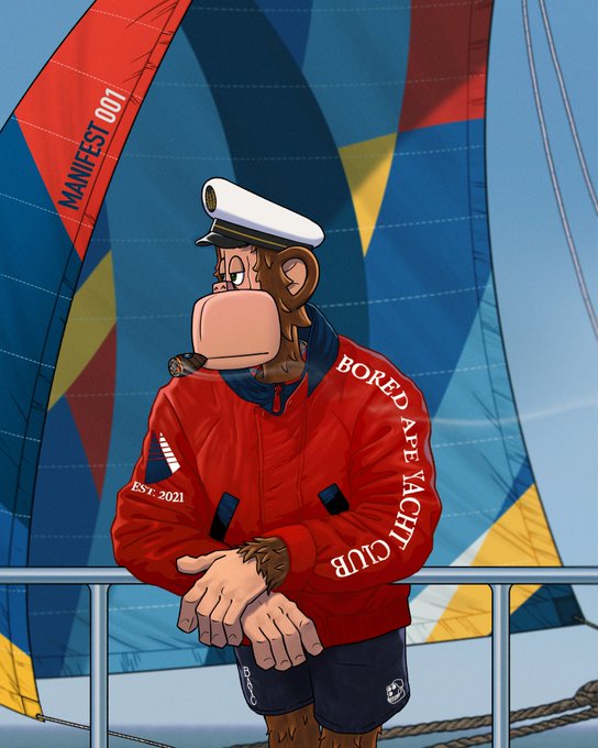 A cartoon ape wearing a captain's hat and a red "Bored Ape Yacht Club" jacket leans against a sailboat railing with "MANIFEST 001" displayed on the sail, visually announcing the launch of the Manifest Series with its inaugural "Flying Colors" apparel drop.