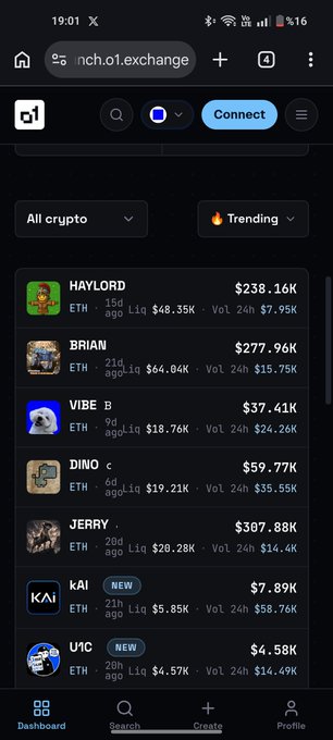 A mobile screenshot of nch.o1.exchange showing a trending cryptocurrencies list with meme coins including HAYLORD ($238.16K), BRIAN ($277.96K), VIBE_B, DINO_c, JERRY, KAI, and UNC.