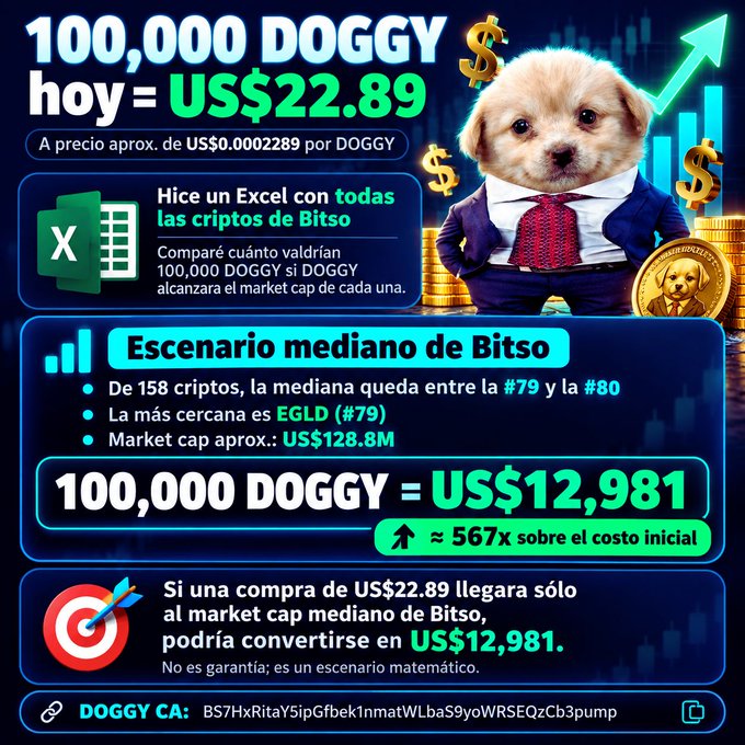 A promotional crypto graphic featuring a dog in a suit, advertising '100,000 DOGGY hoy = US$22.89' and projecting that '100,000 DOGGY = US$12,981' in a 'Escenario mediano de Bitso', with a contract address starting 'BS7HxRitaY5ipGfbek1nmatWLbaS9yoWRSEQzCb3pump'.