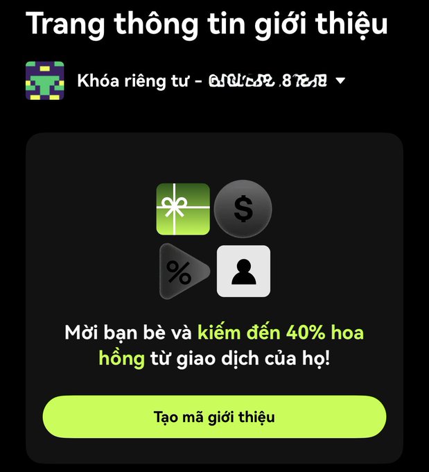 The image shows a Vietnamese-language "Referral Information Page" (Trang thông tin giới thiệu) from a privacy-locked account displaying 8-digit masked code, featuring icons for gifts, dollars, percentages, and user profiles with text promoting "Invite friends and earn up to 40% commission from their transactions!" alongside a green "Create referral code" button. This visually supports the post's message about OKX's DEX affiliate program offering up to 40% commission for referring traders on decentralized exchanges like Uniswap and PancakeSwap.