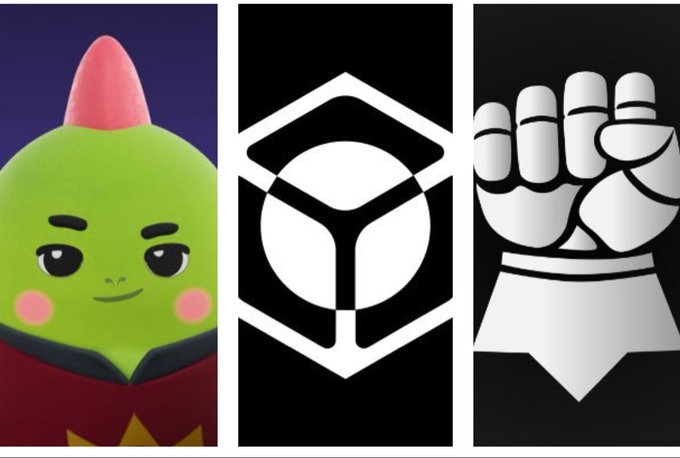 Three stylized images: a green character with a pink cone hat, a black-and-white geometric hexagonal logo, and a cartoon raised fist with a cape.
