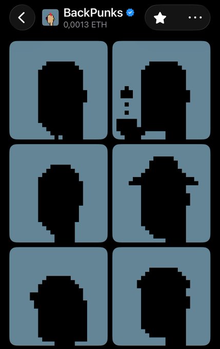 A mobile app screen showing an NFT collection called 'BackPunks' priced at 0.0013 ETH, featuring six pixelated black silhouette avatars of various character styles.