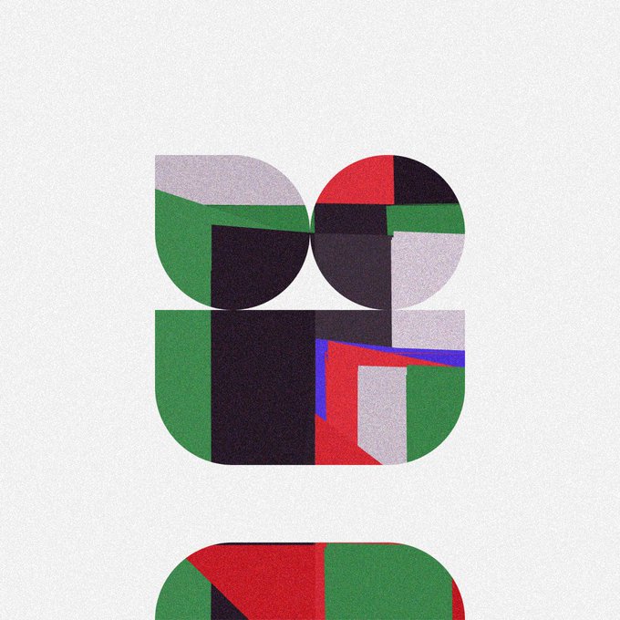 An abstract geometric design featuring rounded shapes in green, red, purple, black, and lilac on a textured off-white background.