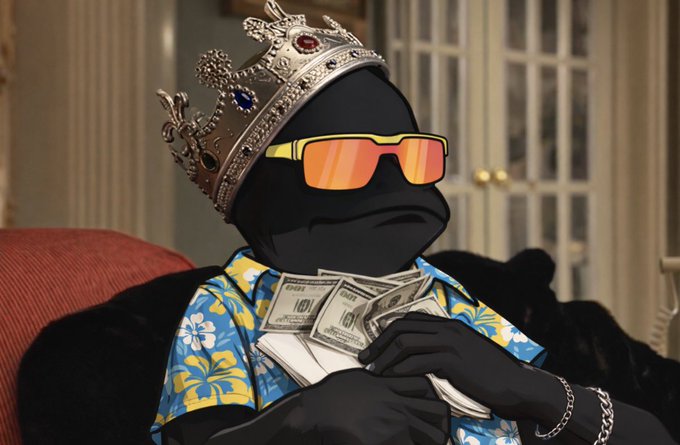 A black cartoon gorilla character wearing a jeweled crown, orange sunglasses, a tropical Hawaiian shirt, and holding cash and a phone.