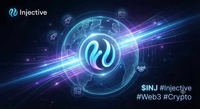 A promotional banner for Injective ($INJ) featuring a futuristic glowing globe and the hashtags '#Injective #Web3 #Crypto' against a dark, space-like background.
